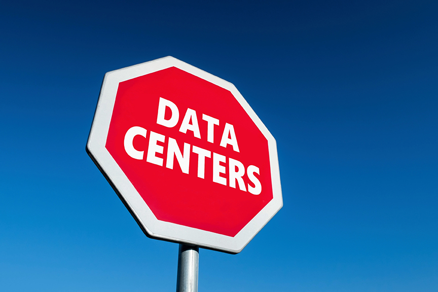 Stop DATA CENTERS traffic sign to caese building new AI factories